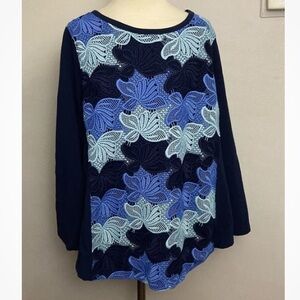 Isaac Mizrahi Navy Blue Multi Floral Lace Front Sweater